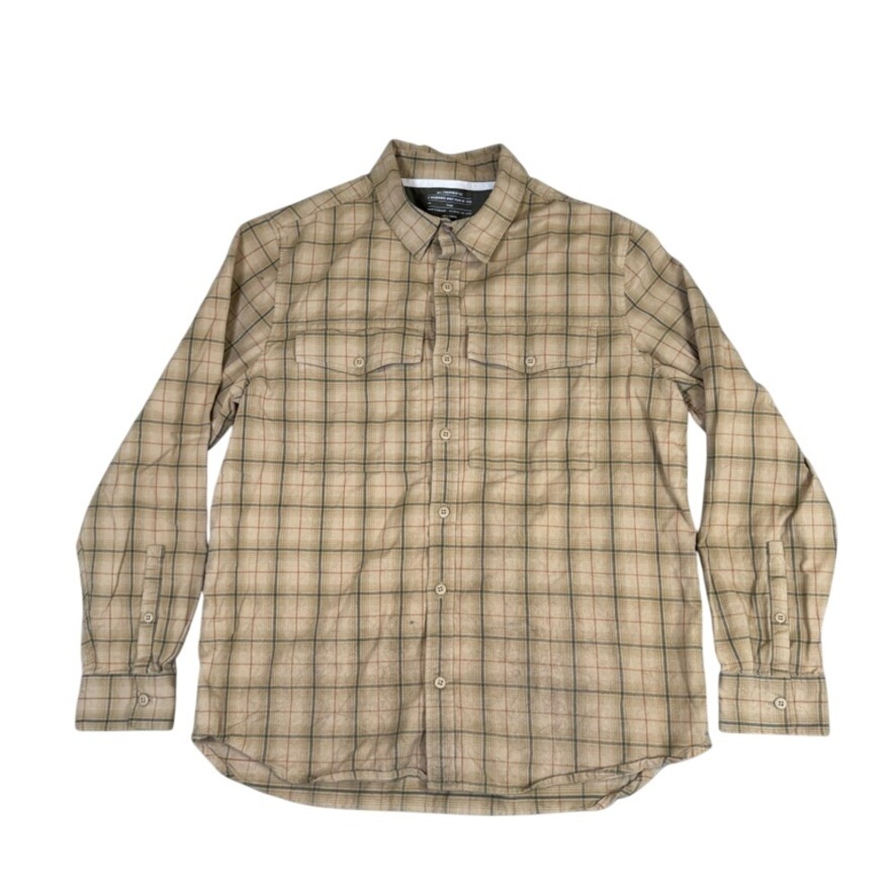 REI Co-op Mens Large Plaid Flannel Button Down Shirt Tan Brown 100% Cotton